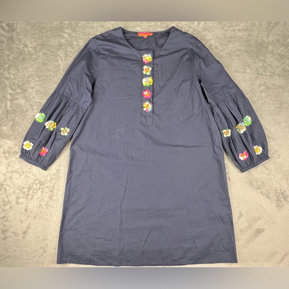 Vilagallo Sena Dress Size 46 Navy Cotton Bishop Sleeves Beaded Sequins Flowers